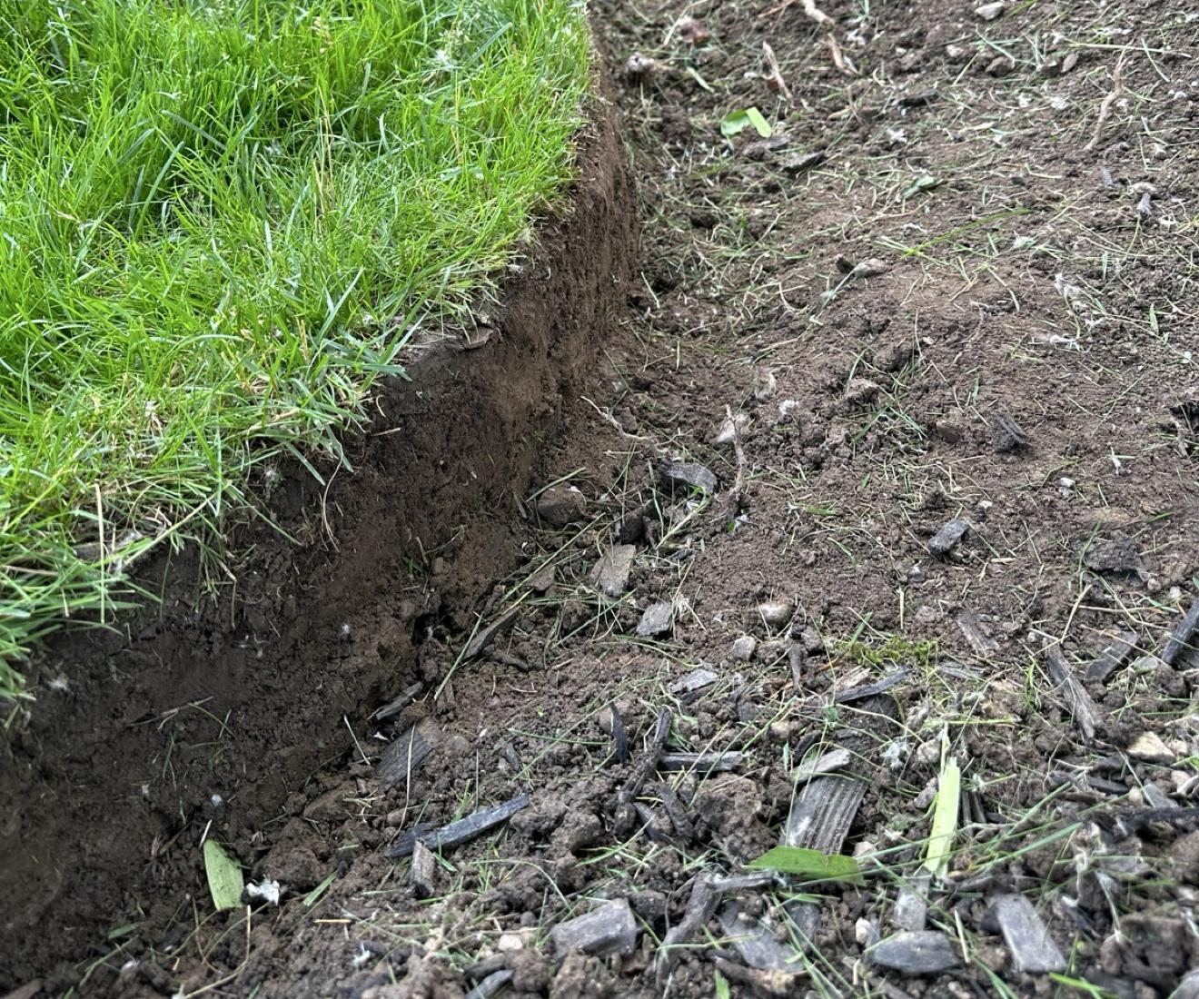 Freshly dug-out garden bed beside the house with a deep, clean edge cut between the soil and the lawn