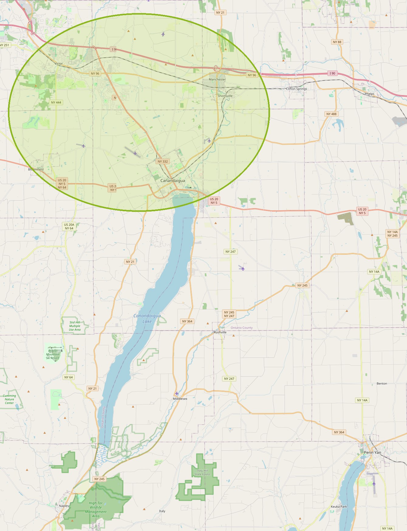 Map of the Canandaigua, NY area showing the real roads and Canandaigua Lake running long and narrow to the south, with the core service area shaded around Canandaigua, Farmington, Victor, Bloomfield, Manchester, and Shortsville